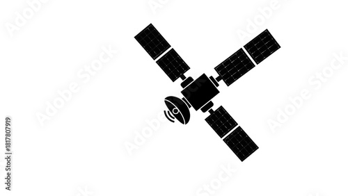 Vector illustration of black and white silhouette icon of a communication satellite with solar panel array isolated on transparent background 