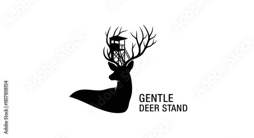 Intriguing silhouette illustration depicting a deer with a hunting stand in its antlers design
