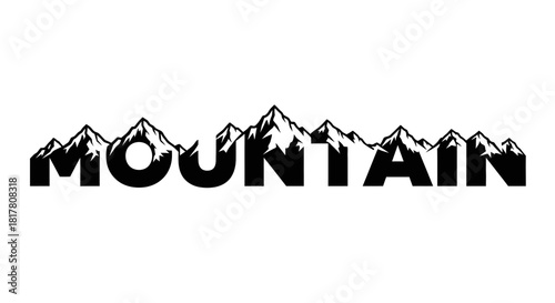 Conceptual mountain typography design with snowy peaks silhouettes on white background