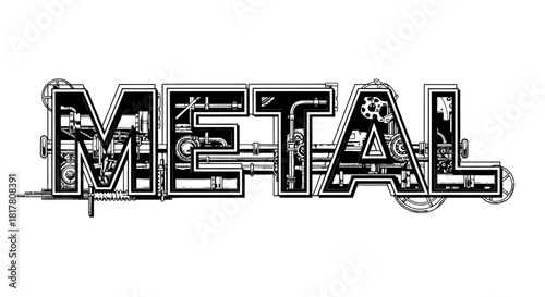 Illustration of the word 'METAL' constructed from intricate mechanical and steampunk elements