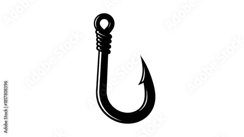 Vector illustration of black and white illustration of a single sharp fishing hook isolated on transparent background 