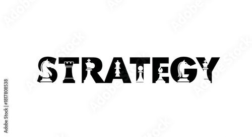 Strategic game plan: black silhouette of the word strategy filled with chess pieces concept