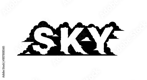 Silhouette depiction of the word SKY, adorned with cloud formations for a dreamlike atmosphere