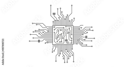 Complex microchip circuit board design illustrates modern technology advancements with detailed