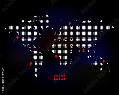 world map with dotted pattern shape. Digital global world map. Dotted world map in halftone style showing continents and countries representation with geographic layout.