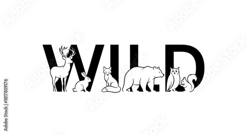 Stylized wildlife graphic with animals arranged creatively within letters spelling WILD