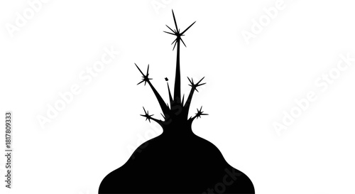 Stylized dark silhouette against white, evoking upward reaching celestial growth concept