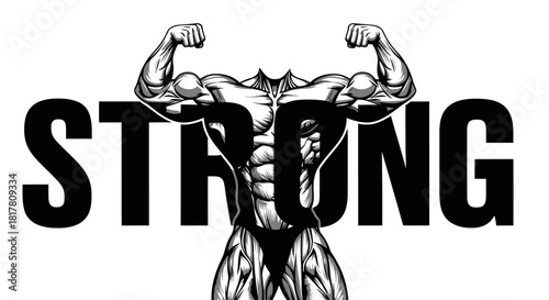 Illustrative muscular physique with prominent 'STRONG' text overlay enhances visual message