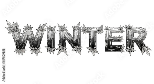 Stylized winter text with metallic sheen and floral embellishments artistic typography
