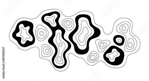 Abstract topographic contour map with black shapes on white background minimalistic rendition