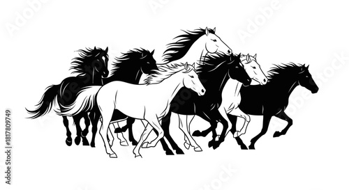 Dynamic monochrome silhouettes of a herd of galloping horses embodying speed and freedom