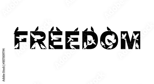 Symbolic illustration of freedom with birds forming typography on white background