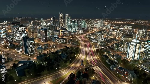 Wallpaper Mural Aerial view of a vibrant city skyline at night, with illuminated buildings and bustling highways Torontodigital.ca