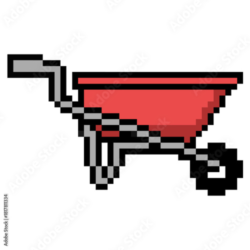 Pixel Wheelbarrow Vector Ideal for gaming, construction, gardening, transport, or digital art themes requiring a simple retro 8-bit aesthetic.