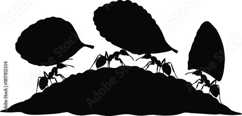 Ants carrying leaves silhouette vector illustration, teamwork and perseverance insect icon, natural colony behavior graphic design element for stock content