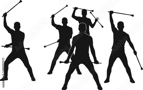 Baton performance silhouettes, dynamic figures vector, martial arts or dance routine illustration, choreography artwork, action movement design, black and white composition sett