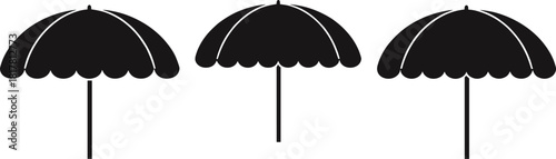 Beach umbrellas silhouettes, summer vacation vector illustration, black and white artwork, seaside relaxation design, outdoor shade structure, coastal holiday concept, stylized graphic