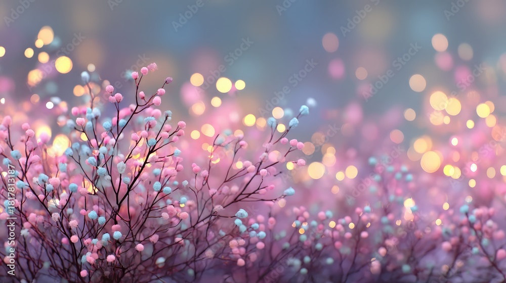 Naklejka premium Delicate branches with pastel-colored buds against a dreamy bokeh background