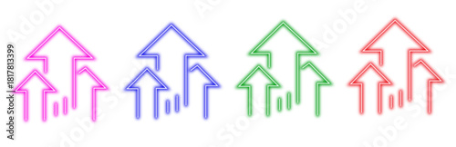 A set of four colorful neon arrow icons in pink, blue, green, and red, each depicting multiple arrows pointing upwards, isolated on a transparent background symbolizing growth and success.
