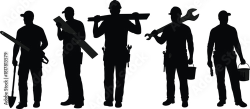 Construction and trade workers silhouettes, holding tools, shovel, saw, ruler, beam, wrench, paint roller, diverse professions, vector illustration of manual labor jobs