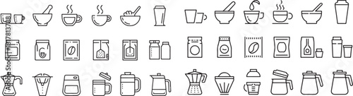 Coffee icon set. Contain icons related to coffee, mug, coffee Contain icons related to Coffee, tea, drinks, beverage, equipment, and more. Editable stroke. Vector illustration.