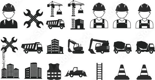  Construction icons silhouette vector set, workers, vehicles, tools, and buildings illustration, infrastructure development concept, safety equipment, heavy machinery, industrial design elements