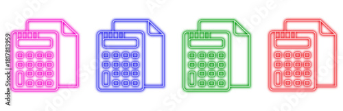 A set of four colorful neon calculator icons with paper elements, isolated on a transparent background, representing finance accounting and business calculation concepts.
