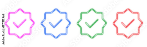 A set of four colorful neon verified checkmark icons in pink blue green and red isolated on a transparent background showcasing approval or confirmation symbols.