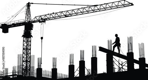 Construction site crane silhouette vector illustration, worker on steel beam icon, industrial building infrastructure graphic design element for stock content