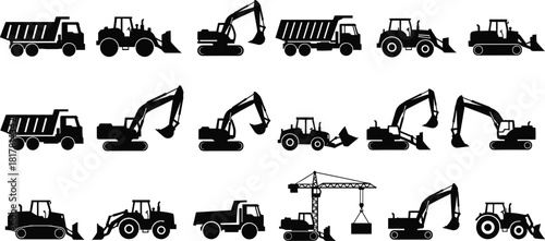 Construction vehicles silhouettes, heavy equipment icons, bulldozer, excavator, dump truck, tractor loader, tower crane lifting load, industrial machinery vector illustration set