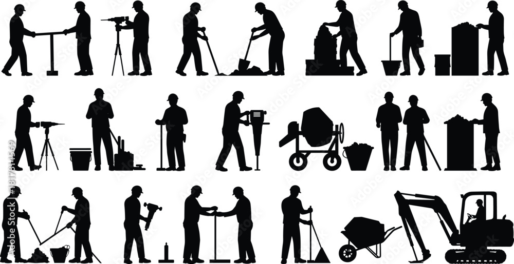 Obraz premium Construction workers silhouette vector illustration set, industrial labor icons with tools and machinery, occupational safety graphic design element for stock content