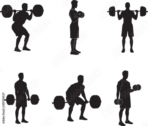 Weightlifter Man Workout Fitness Gym Silhouette Vector Set