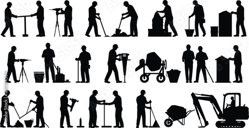 Construction workers silhouette vector illustration set, industrial labor icons with tools and machinery, occupational safety graphic design element for stock content