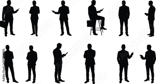 Business professional silhouettes, twelve office workers in suits with briefcases and devices, corporate lifestyle shadow figures, workplace posture reference illustration