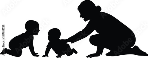 Caregiver and crawling babies silhouette, early childhood interaction, black figure art, nurturing moment, parenting concept, developmental theme, expressive posture, motion study