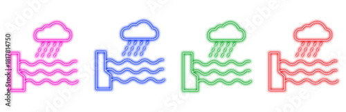A set of four colorful neon icons representing rainfall and water, isolated on a white background, perfect for weather or environmental concepts.