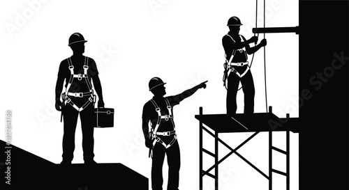 Construction workers silhouette vector illustration with safety harness and helmets, teamwork occupational safety icon, industrial site labor graphic design element for stock content