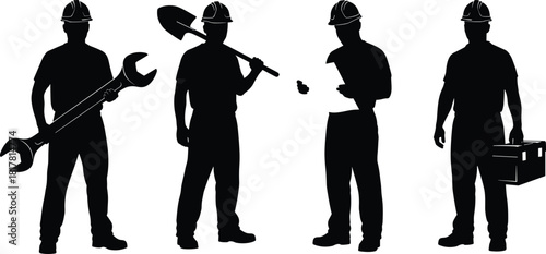 Construction workers silhouettes, holding tools, wrench, shovel, clipboard, toolbox, hard hats, teamwork, labor roles, industrial job site, vector illustration set