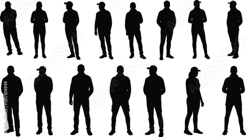 Casual people silhouettes, men and women standing poses with hats, abstract shadow figures, lifestyle posture reference, modern human design set