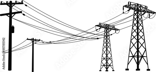Electrical transmission and distribution pole silhouette vector illustration, utility tower infrastructure icons, power line grid design, industrial voltage system graphic element for stock content