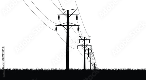 Electrical transmission pole silhouette vector illustration, power line infrastructure perspective design, energy distribution grid icon, industrial voltage system graphic element for stock content
