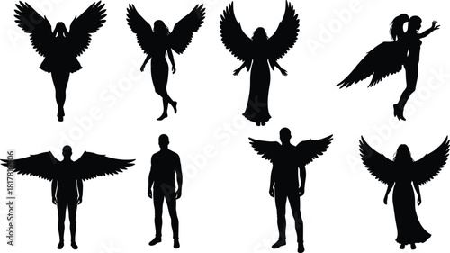 "Fantasy winged human silhouettes, angel and fairy figures, flying women, standing men, mystical wings, black shadow characters, abstract design"