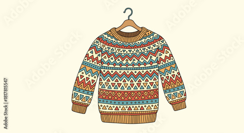 Hand-drawn sweater with a colorful pattern hanging from a hanger, providing a cozy and stylish winter apparel illustration.