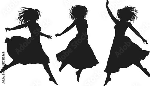 Female dance silhouette, expressive movement, flowing dress, black figure art, graceful posture, dynamic pose, artistic motion, emotional gesture, visual rhythm