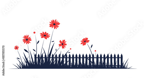 Charming floral design featuring red daisies peeking over a stylized dark fence, set against a white background, creating a cheerful garden scene.