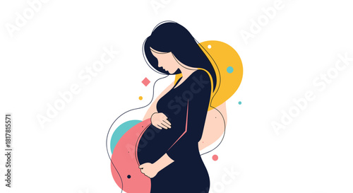 Illustration of a pregnant woman cradling her baby bump against a backdrop of abstract shapes in pastel colors evokes feelings of peace.
