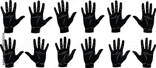 Collection of human hand silhouettes showing open palms with lines, stop gesture icons, black and white vector illustration set, isolated design elements