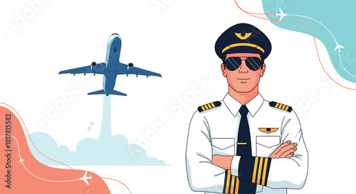 Confident airline pilot in uniform stands with arms crossed as an airplane takes off behind him, set against a modern illustrated backdrop.