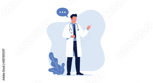 A doctor in a white coat is speaking, pointing with his finger, and explaining something with a speech bubble overhead.