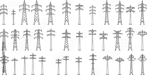 Electrical transmission towers and utility poles, diverse power line structures, electrici